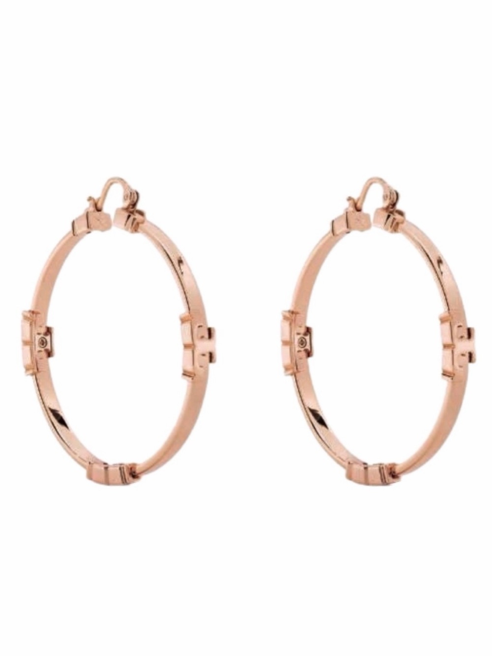TORY BURCH • Rose Gold Serif T Logo Hoop Earrings - Picture 3 of 11
